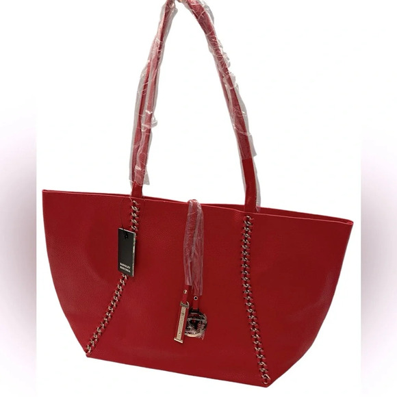 Badgley Mischka Handbags - Badgley Mischka Red Tote Bag Vegan Leather Chain Linked With Brand Charms